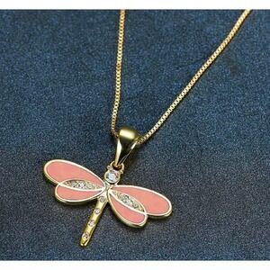 Gold Plated Pink Dragonfly Rhinestone‎ Pendant Necklace Women Jewelry